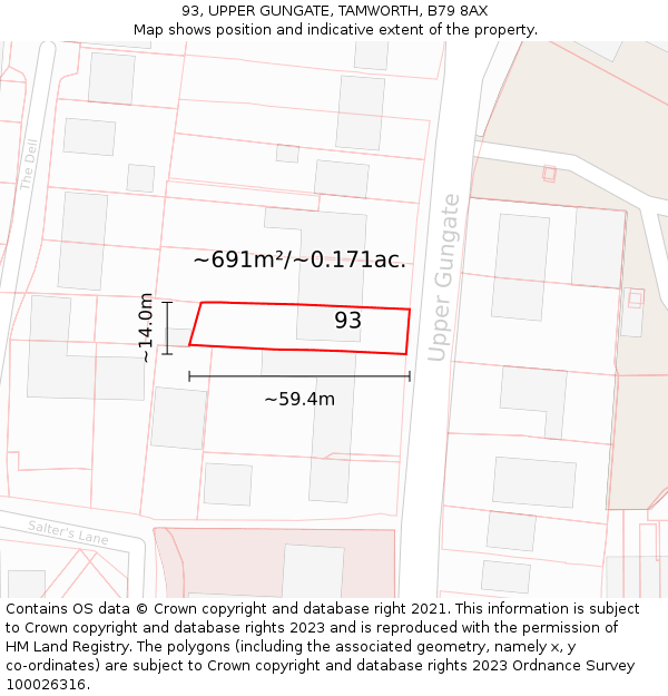 93, UPPER GUNGATE, TAMWORTH, B79 8AX: Plot and title map