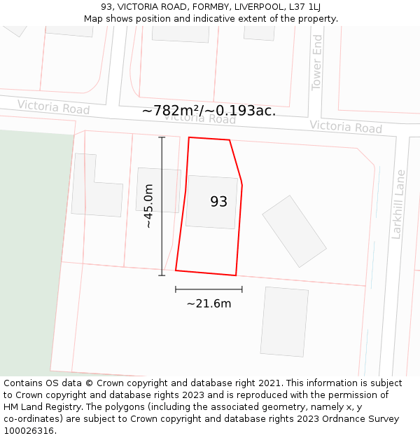 93, VICTORIA ROAD, FORMBY, LIVERPOOL, L37 1LJ: Plot and title map