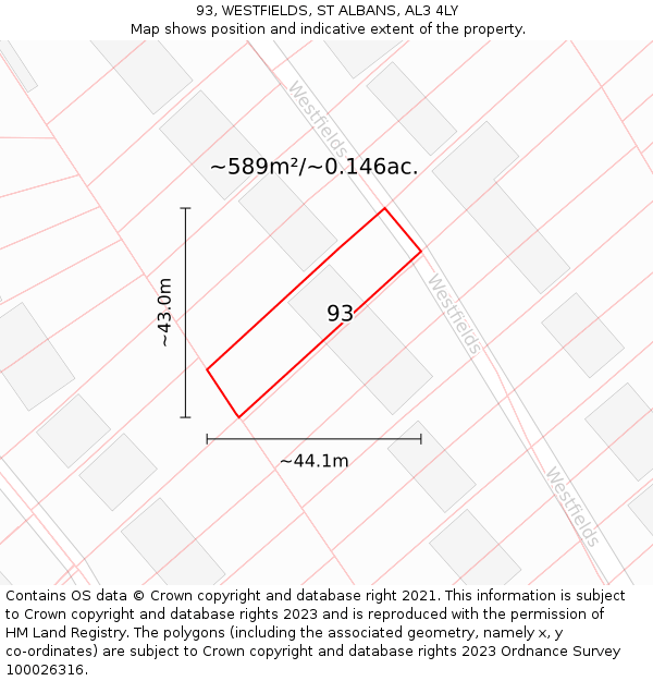 93, WESTFIELDS, ST ALBANS, AL3 4LY: Plot and title map