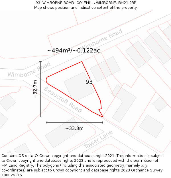 93, WIMBORNE ROAD, COLEHILL, WIMBORNE, BH21 2RP: Plot and title map