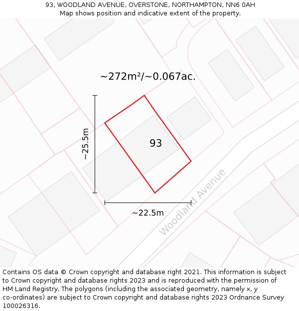 93, WOODLAND AVENUE, OVERSTONE, NORTHAMPTON, NN6 0AH: Plot and title map