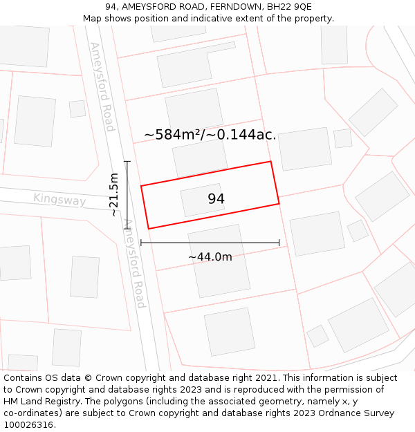 94, AMEYSFORD ROAD, FERNDOWN, BH22 9QE: Plot and title map