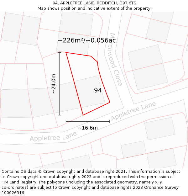 94, APPLETREE LANE, REDDITCH, B97 6TS: Plot and title map