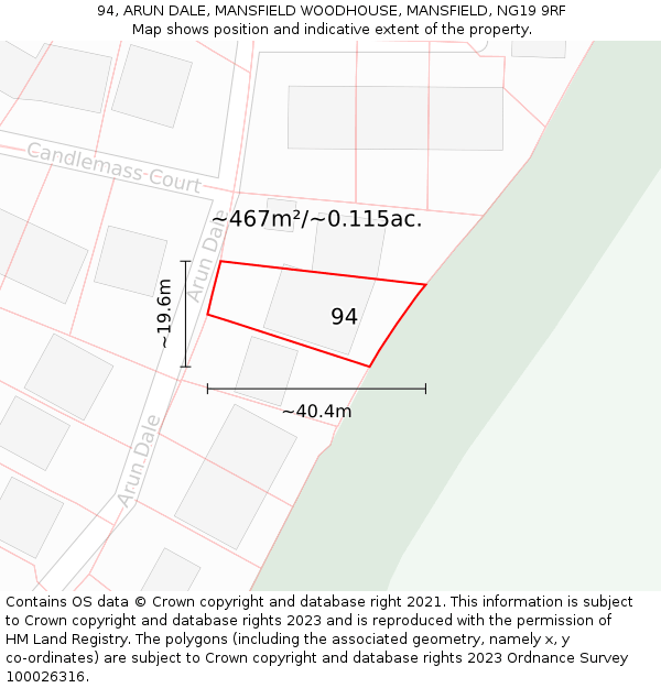 94, ARUN DALE, MANSFIELD WOODHOUSE, MANSFIELD, NG19 9RF: Plot and title map