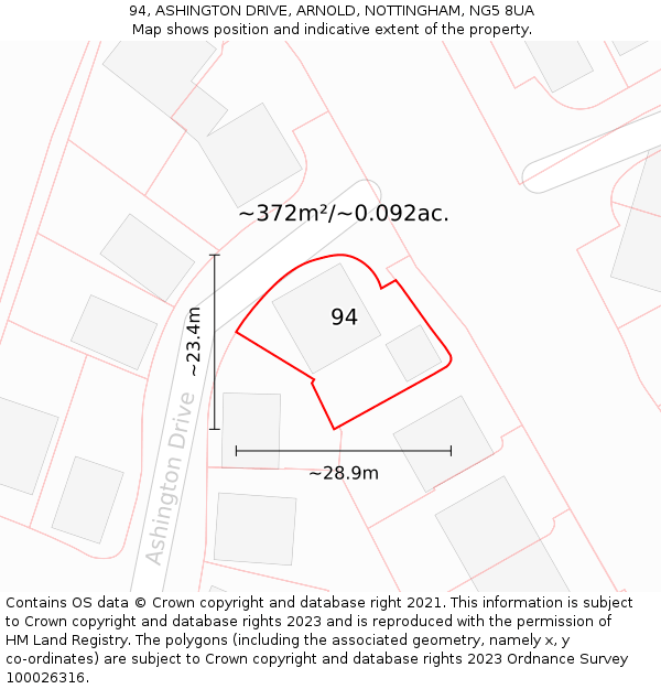 94, ASHINGTON DRIVE, ARNOLD, NOTTINGHAM, NG5 8UA: Plot and title map