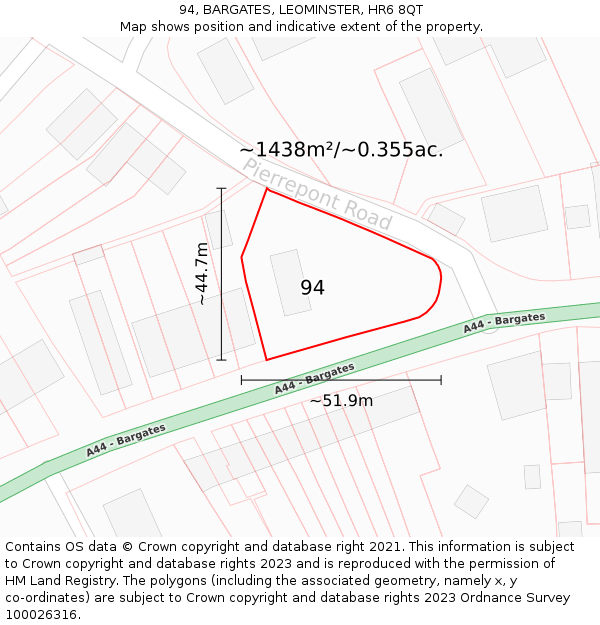 94, BARGATES, LEOMINSTER, HR6 8QT: Plot and title map