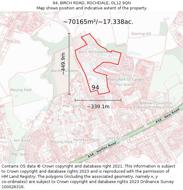 94, BIRCH ROAD, ROCHDALE, OL12 9QN: Plot and title map