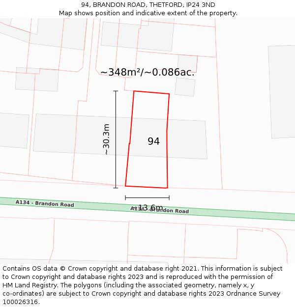 94, BRANDON ROAD, THETFORD, IP24 3ND: Plot and title map