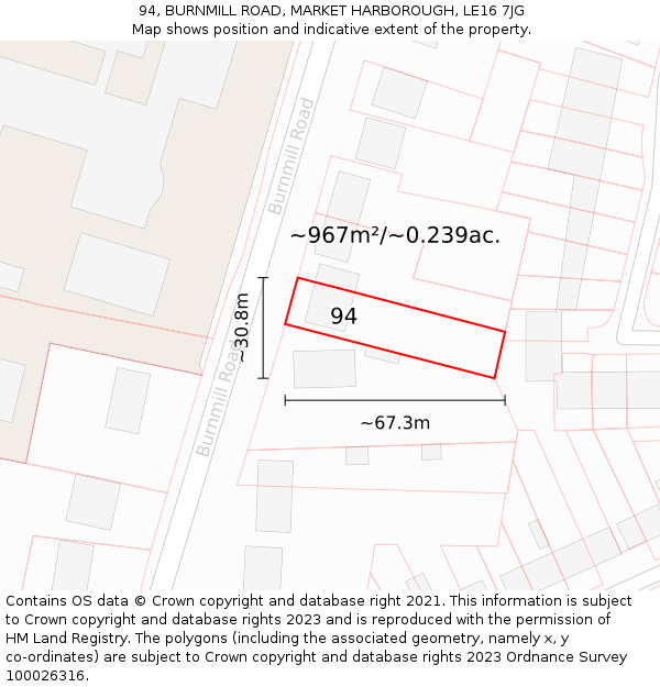 94, BURNMILL ROAD, MARKET HARBOROUGH, LE16 7JG: Plot and title map