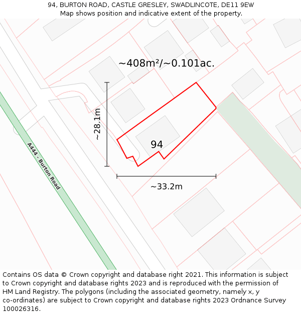 94, BURTON ROAD, CASTLE GRESLEY, SWADLINCOTE, DE11 9EW: Plot and title map