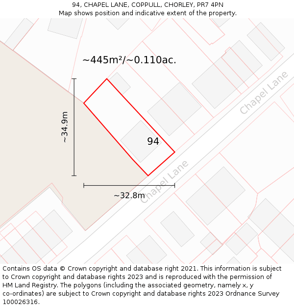 94, CHAPEL LANE, COPPULL, CHORLEY, PR7 4PN: Plot and title map