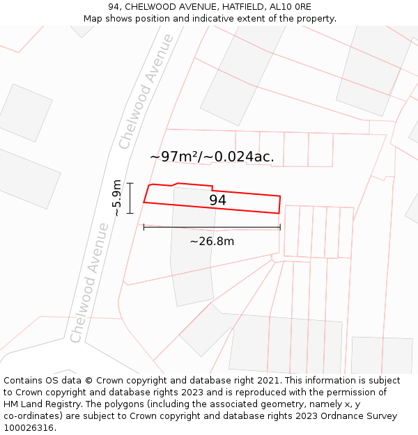 94, CHELWOOD AVENUE, HATFIELD, AL10 0RE: Plot and title map
