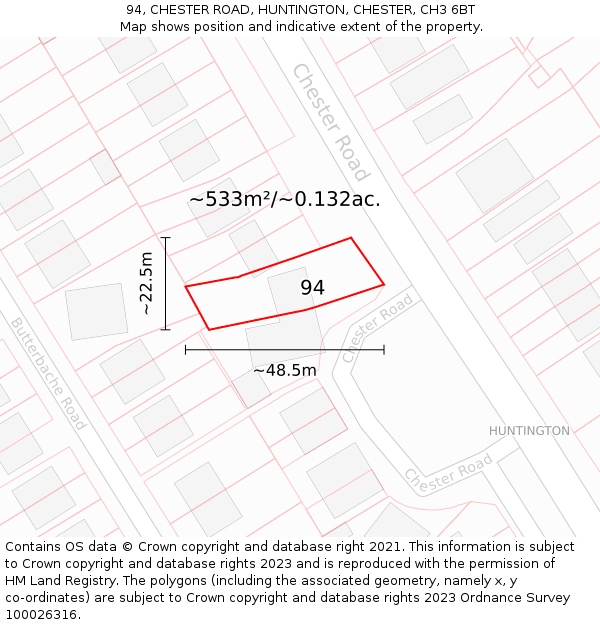 94, CHESTER ROAD, HUNTINGTON, CHESTER, CH3 6BT: Plot and title map