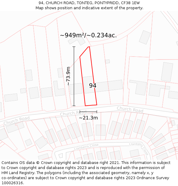 94, CHURCH ROAD, TONTEG, PONTYPRIDD, CF38 1EW: Plot and title map