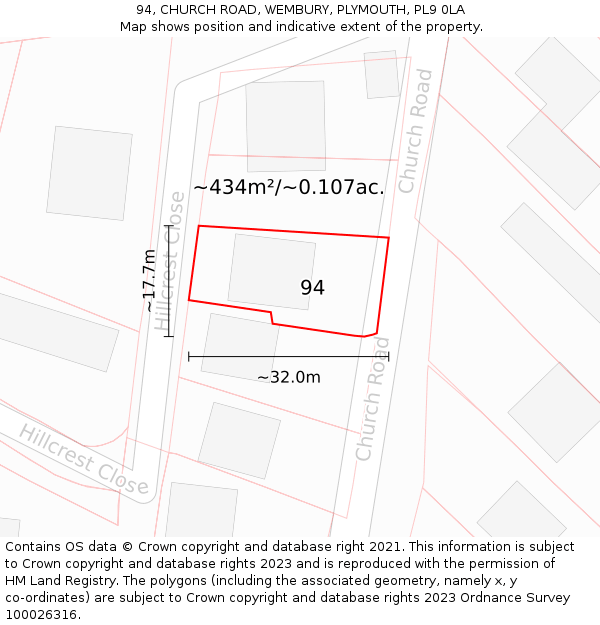 94, CHURCH ROAD, WEMBURY, PLYMOUTH, PL9 0LA: Plot and title map