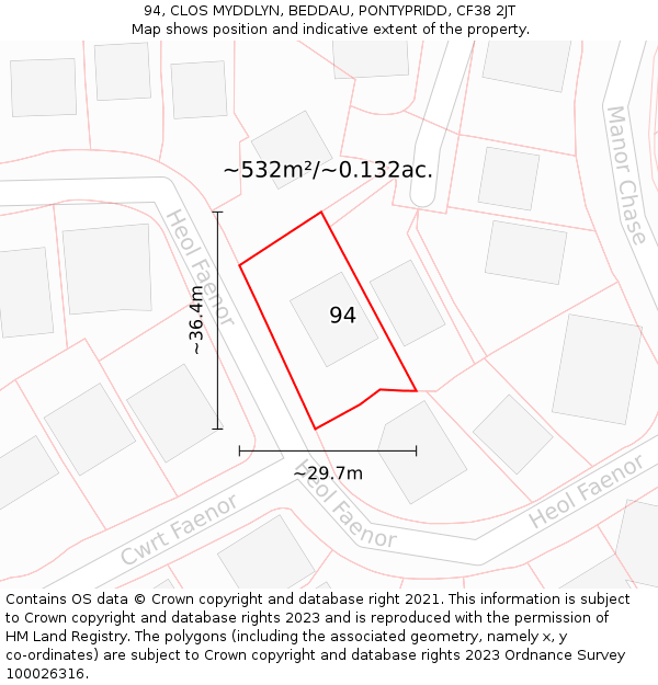 94, CLOS MYDDLYN, BEDDAU, PONTYPRIDD, CF38 2JT: Plot and title map