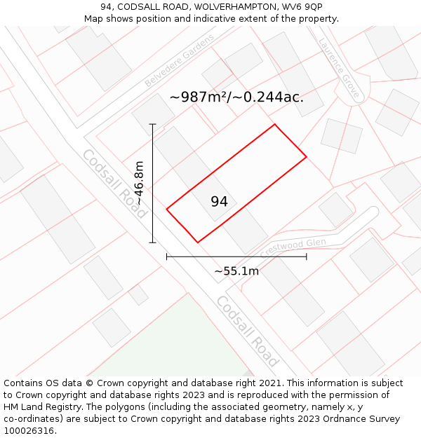 94, CODSALL ROAD, WOLVERHAMPTON, WV6 9QP: Plot and title map