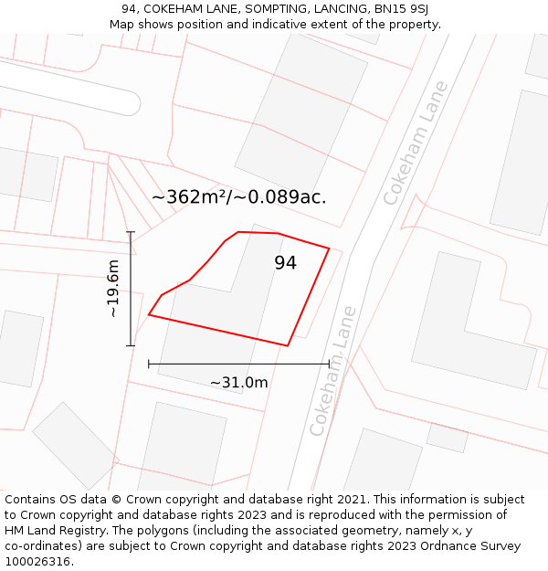 94, COKEHAM LANE, SOMPTING, LANCING, BN15 9SJ: Plot and title map