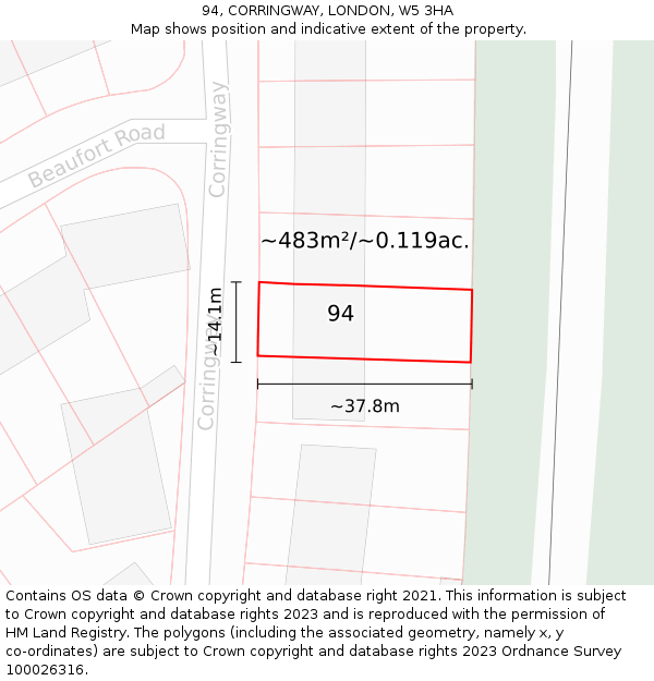 94, CORRINGWAY, LONDON, W5 3HA: Plot and title map