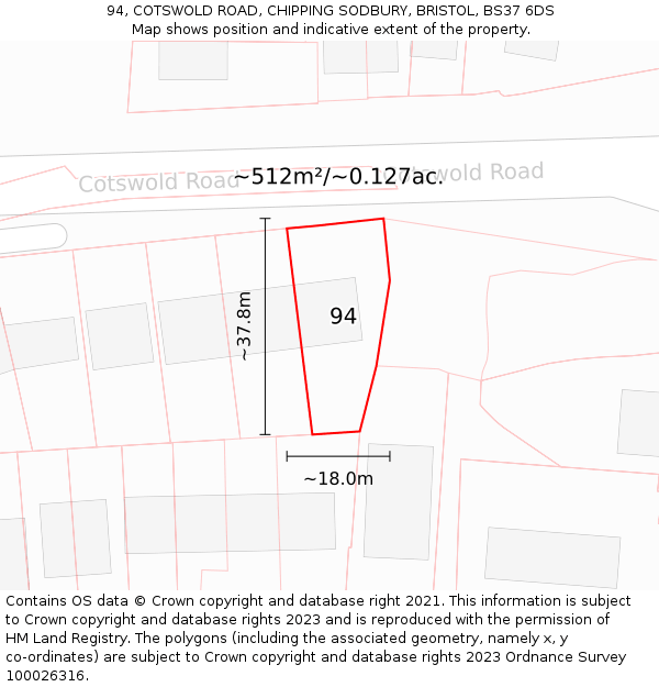 94, COTSWOLD ROAD, CHIPPING SODBURY, BRISTOL, BS37 6DS: Plot and title map