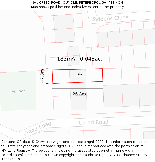 94, CREED ROAD, OUNDLE, PETERBOROUGH, PE8 4QN: Plot and title map