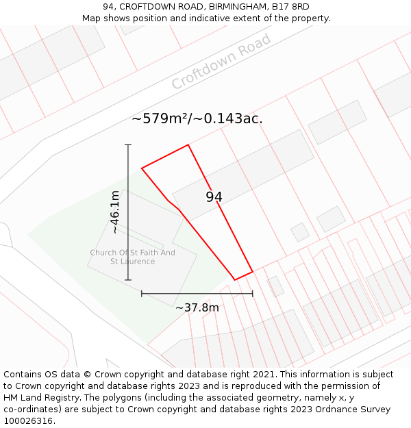 94, CROFTDOWN ROAD, BIRMINGHAM, B17 8RD: Plot and title map