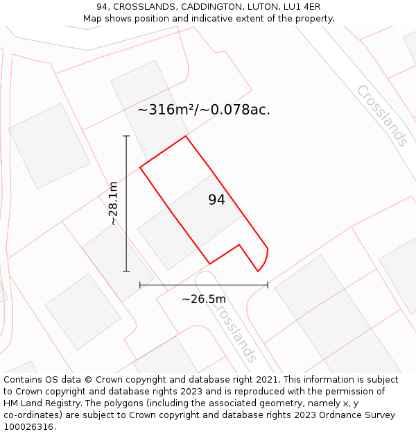 94, CROSSLANDS, CADDINGTON, LUTON, LU1 4ER: Plot and title map