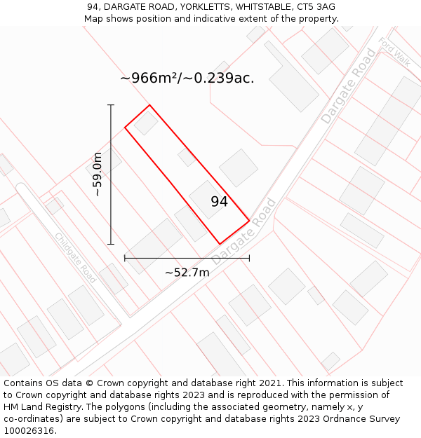 94, DARGATE ROAD, YORKLETTS, WHITSTABLE, CT5 3AG: Plot and title map