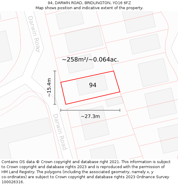 94, DARWIN ROAD, BRIDLINGTON, YO16 6FZ: Plot and title map