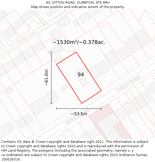 94, DITTON ROAD, SURBITON, KT6 6RH: Plot and title map