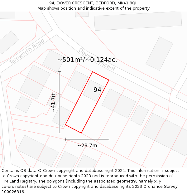 94, DOVER CRESCENT, BEDFORD, MK41 8QH: Plot and title map