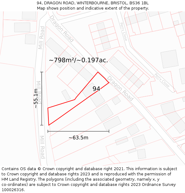 94, DRAGON ROAD, WINTERBOURNE, BRISTOL, BS36 1BL: Plot and title map