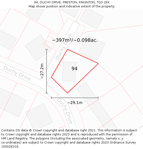 94, DUCHY DRIVE, PRESTON, PAIGNTON, TQ3 1EX: Plot and title map