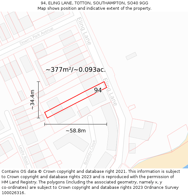 94, ELING LANE, TOTTON, SOUTHAMPTON, SO40 9GG: Plot and title map