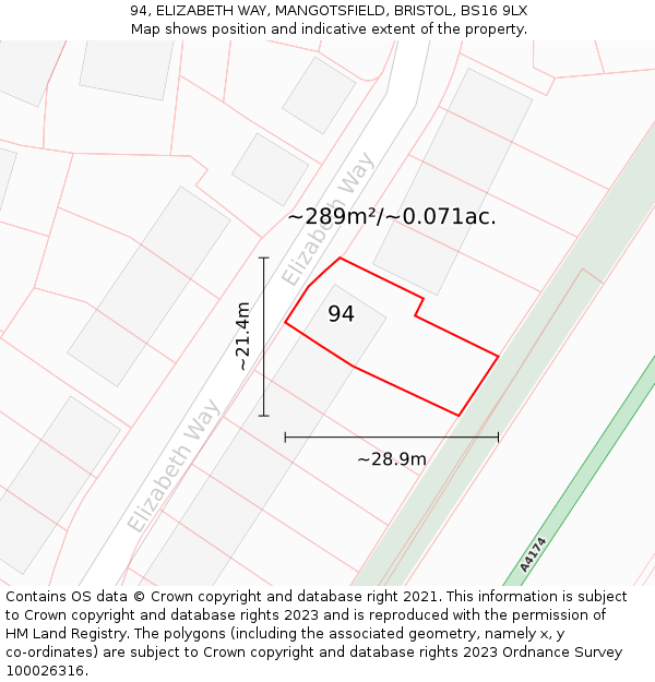 94, ELIZABETH WAY, MANGOTSFIELD, BRISTOL, BS16 9LX: Plot and title map