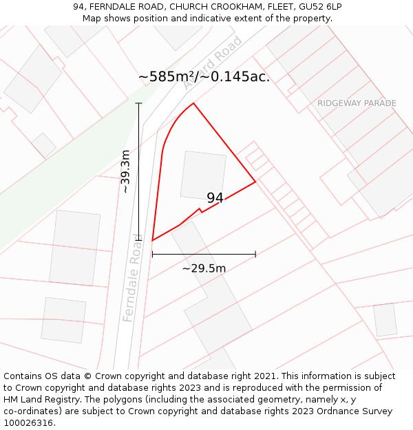 94, FERNDALE ROAD, CHURCH CROOKHAM, FLEET, GU52 6LP: Plot and title map