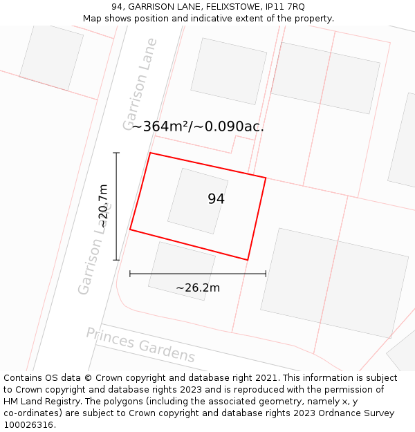 94, GARRISON LANE, FELIXSTOWE, IP11 7RQ: Plot and title map