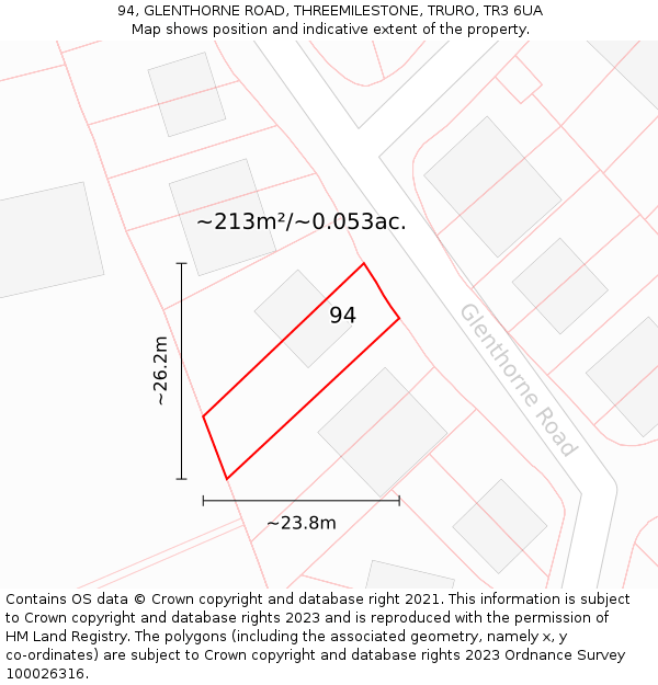 94, GLENTHORNE ROAD, THREEMILESTONE, TRURO, TR3 6UA: Plot and title map