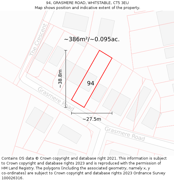 94, GRASMERE ROAD, WHITSTABLE, CT5 3EU: Plot and title map