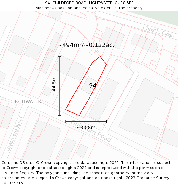 94, GUILDFORD ROAD, LIGHTWATER, GU18 5RP: Plot and title map