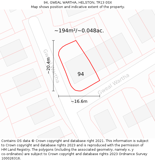 94, GWEAL WARTHA, HELSTON, TR13 0SX: Plot and title map