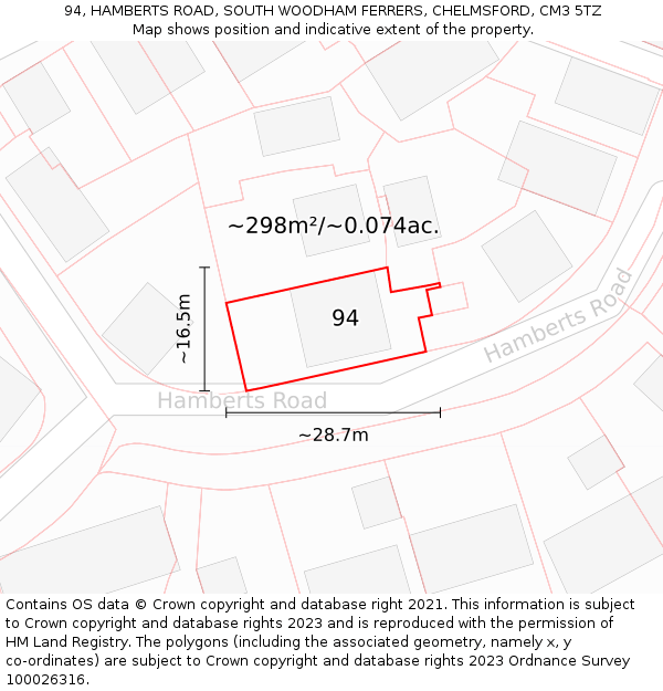 94, HAMBERTS ROAD, SOUTH WOODHAM FERRERS, CHELMSFORD, CM3 5TZ: Plot and title map