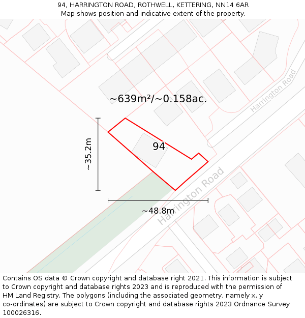 94, HARRINGTON ROAD, ROTHWELL, KETTERING, NN14 6AR: Plot and title map