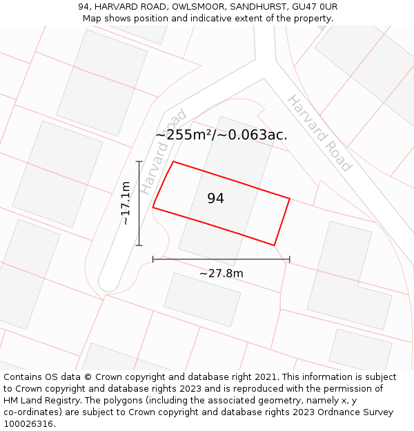 94, HARVARD ROAD, OWLSMOOR, SANDHURST, GU47 0UR: Plot and title map