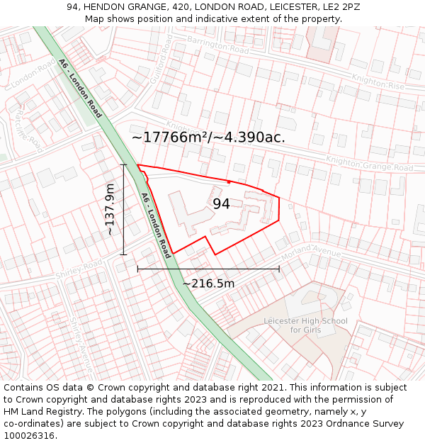 94, HENDON GRANGE, 420, LONDON ROAD, LEICESTER, LE2 2PZ: Plot and title map