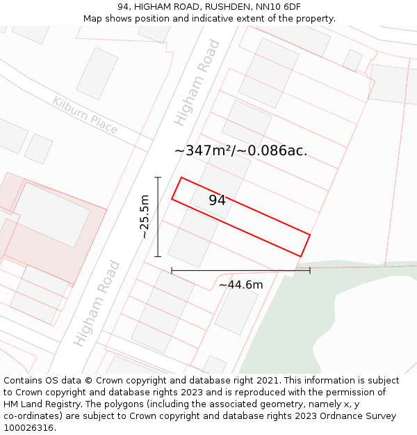 94, HIGHAM ROAD, RUSHDEN, NN10 6DF: Plot and title map