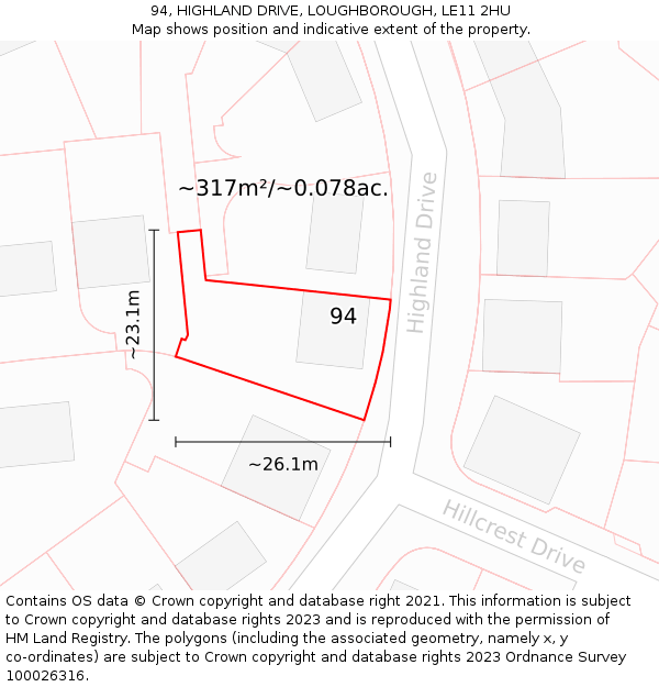 94, HIGHLAND DRIVE, LOUGHBOROUGH, LE11 2HU: Plot and title map