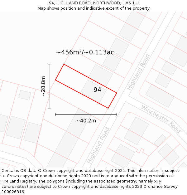 94, HIGHLAND ROAD, NORTHWOOD, HA6 1JU: Plot and title map