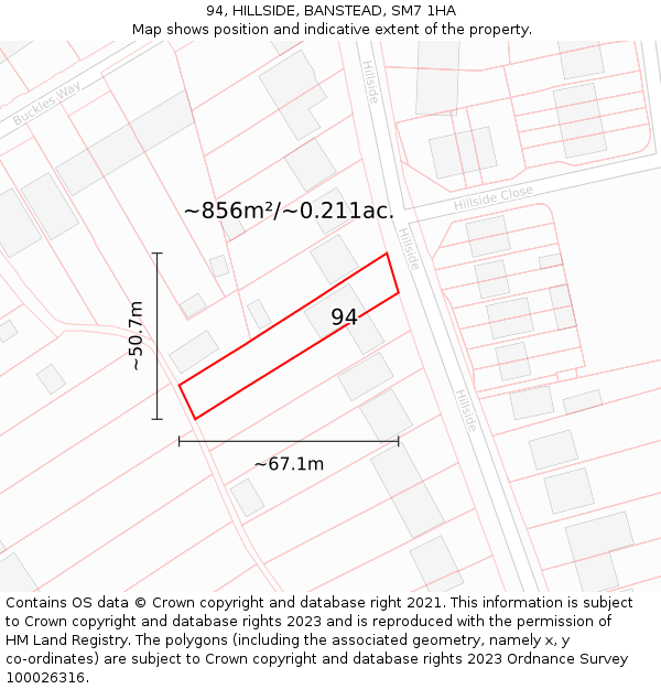 94, HILLSIDE, BANSTEAD, SM7 1HA: Plot and title map