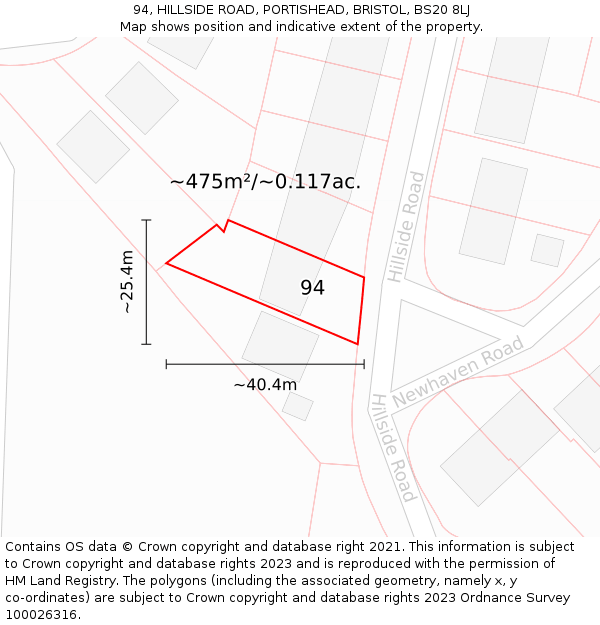 94, HILLSIDE ROAD, PORTISHEAD, BRISTOL, BS20 8LJ: Plot and title map